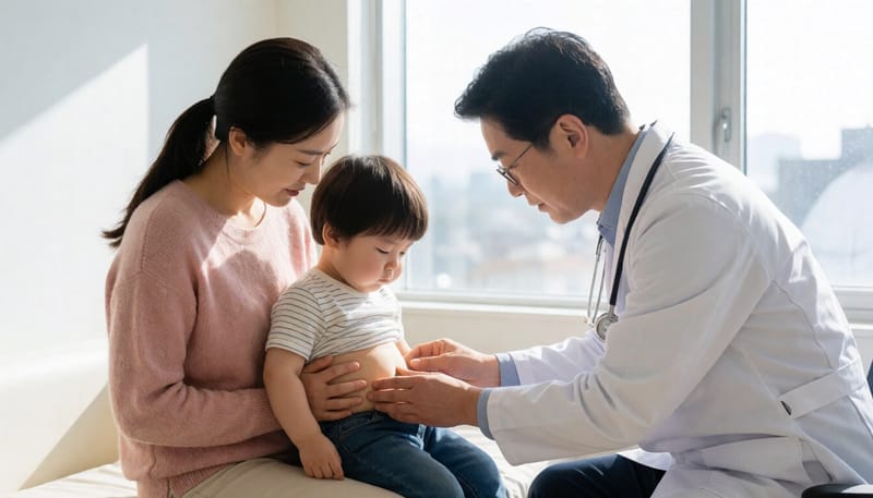 소아과에서 배 통증을 진료받는 아이의 모습
