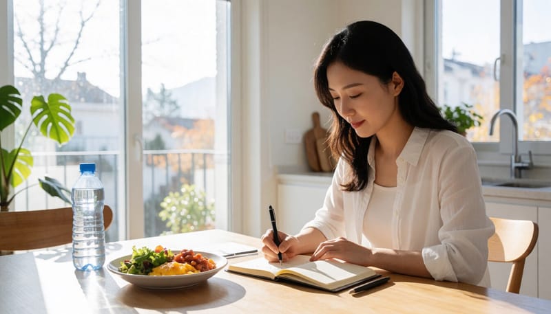 식단 일지를 작성하는 여성의 모습