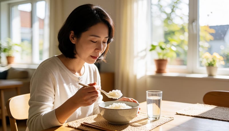 흰죽과 물로 식사하는 모습
