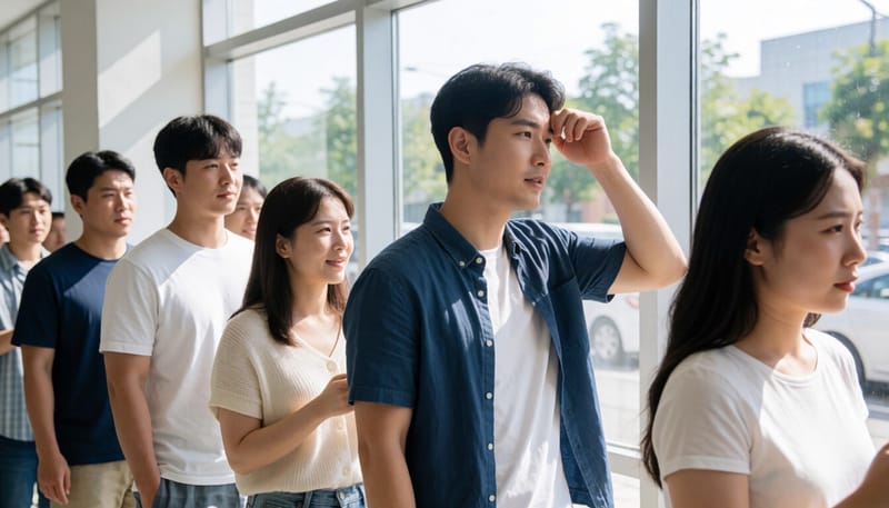 무더운 날 야외에서 줄을 서다 현기증을 느끼는 남성