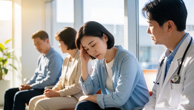 피로감을 느끼며 병원 대기실에 앉아 있는 여성