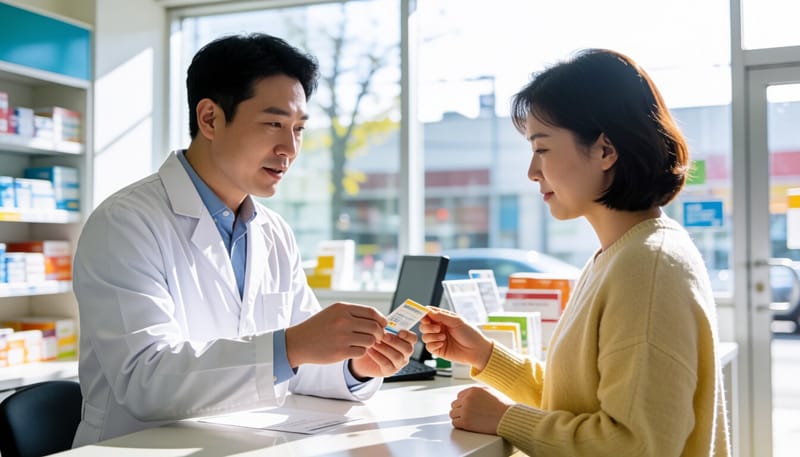 약사와 상담하며 복용법을 확인하는 여성