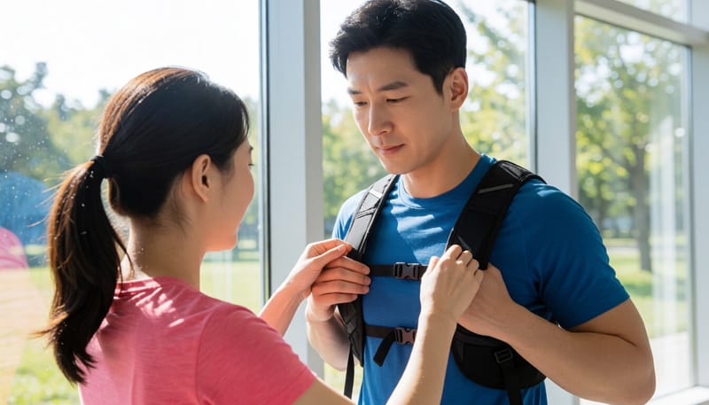 걷기 전 중량조끼 어깨끈을 조정하는 남성의 모습