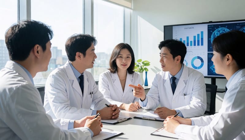 연구진이 모여 실험 데이터를 논의하는 모습