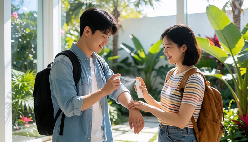 동남아 여행 중 모기 기피제를 바르는 여행객