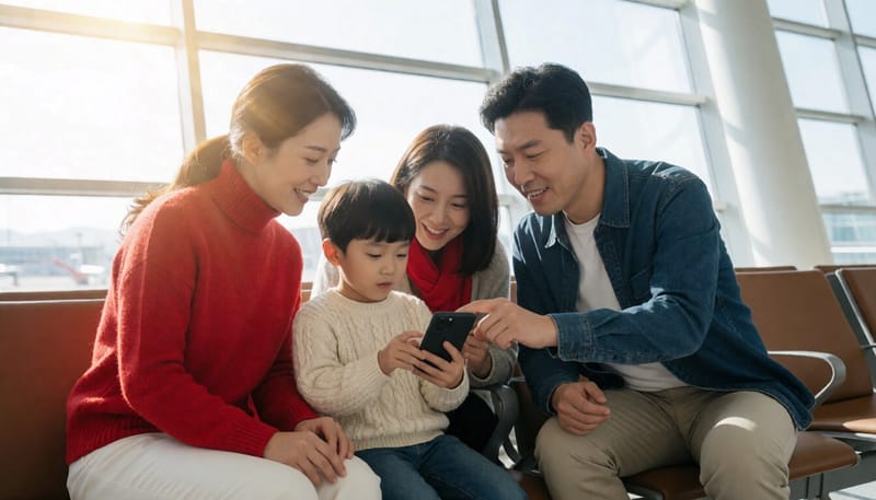 추석 연휴 해외여행을 앞두고 공항에서 정보를 확인하는 가족