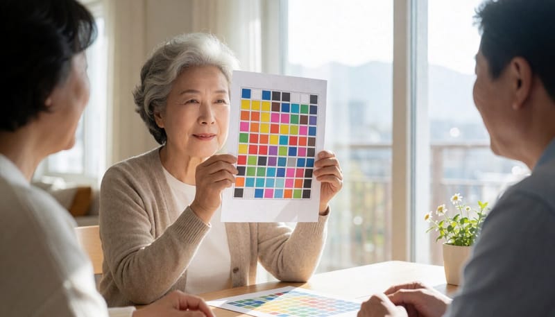 중년 여성이 한쪽 눈을 가리고 격자무늬 시력 검사지를 보고 있는 모습