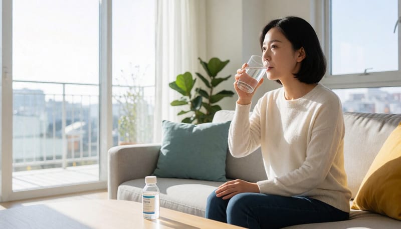 집에서 물을 마시며 수분을 보충하는 여성의 모습