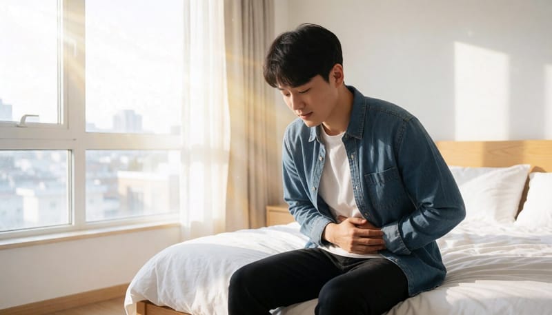 복통을 호소하며 배를 감싸 쥔 남성의 모습
