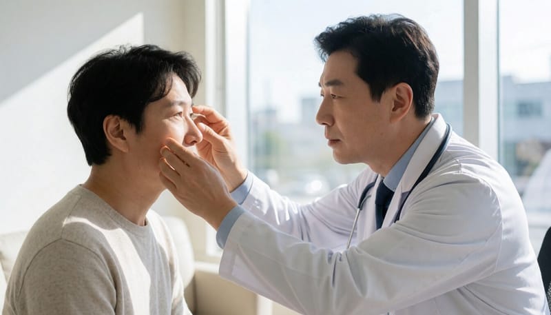 병원에서 눈 흰자 상태를 살펴보는 진료 장면