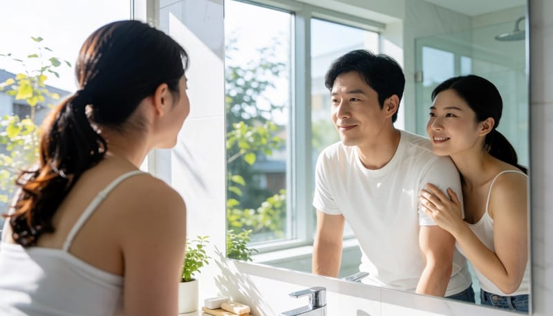 부항 자국을 거울로 확인하는 남성의 모습