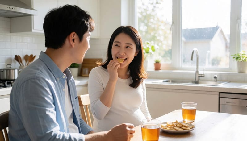 소량의 크래커와 생강차로 입덧을 완화하는 임신부