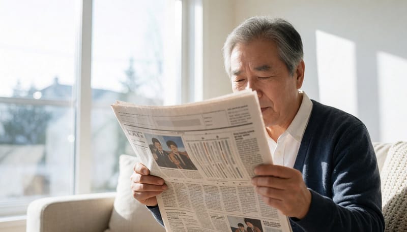 중년 남성이 신문을 가까이 들고 눈을 찡그리며 보는 모습