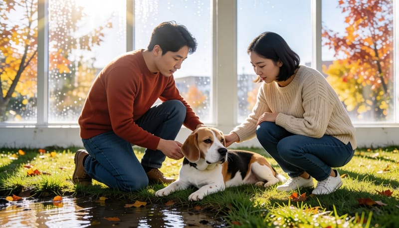 산책 중 웅덩이 근처에서 기운 없어 보이는 반려견을 살피는 보호자