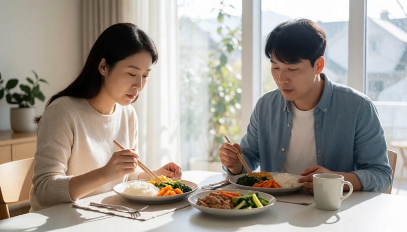 집에서 균형 잡힌 식사를 하는 여성의 모습