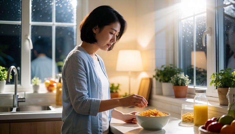 밤에 부엌에서 간식을 앞에 두고 고민하는 여성의 모습