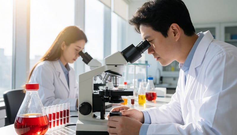 실험실에서 혈액 샘플을 현미경으로 살펴보는 연구원
