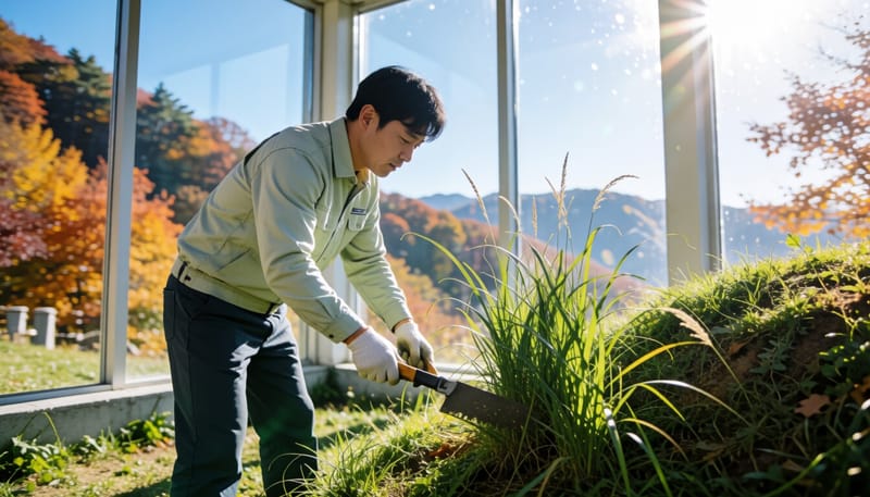 긴소매 옷을 입고 산소 주변 풀을 벌초하는 남성의 모습
