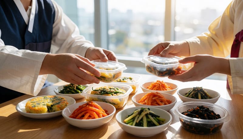 명절 음식을 소분해 보관용 용기에 담는 모습