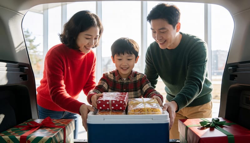 성묘길에 나서기 전 아이스박스에 음식을 싣는 가족