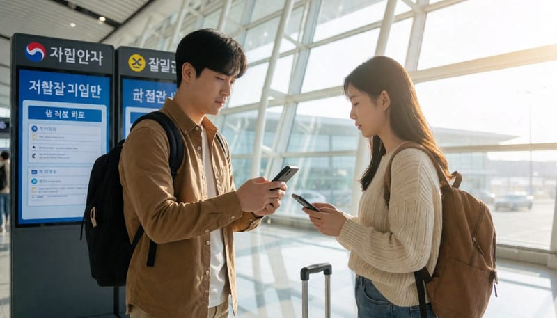 공항 입국장에서 스마트폰으로 건강상태를 신고하는 여행객의 모습