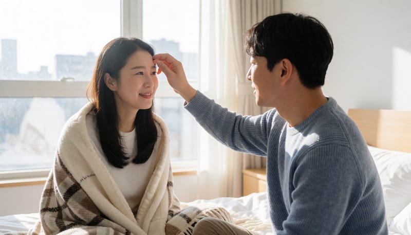 고열과 오한으로 힘들어하는 모습