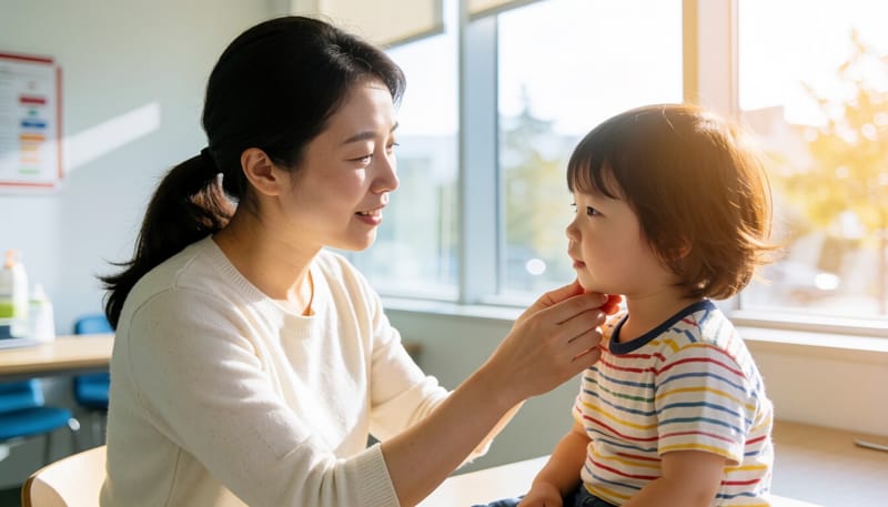소아과 진료실에서 아이의 목과 피부를 살펴보는 모습