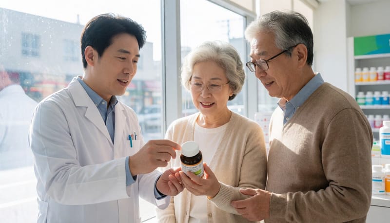 약사가 고객에게 영양제 복용법을 설명하는 모습