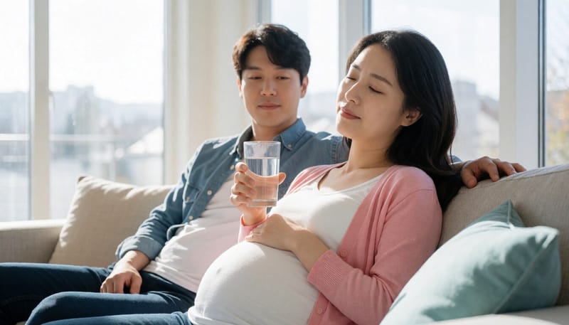 소파에 앉아 졸린 표정을 짓는 임신부