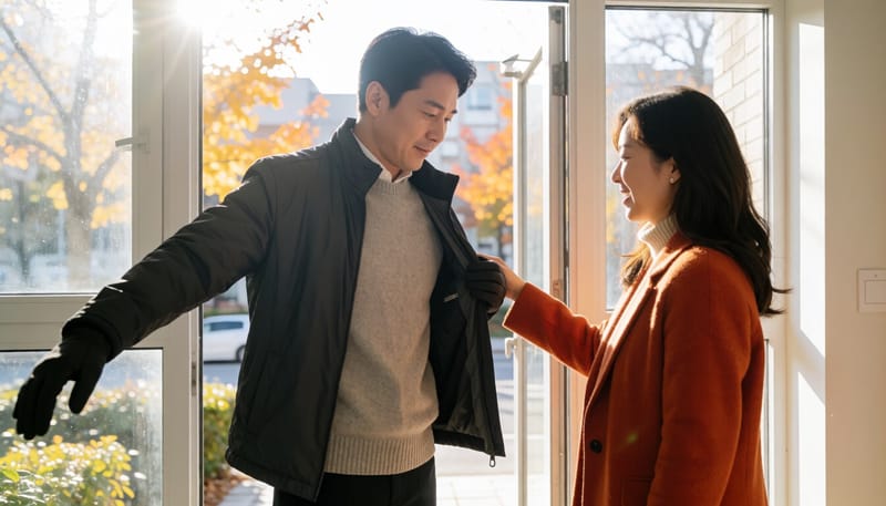 쌀쌀한 아침 겉옷과 장갑을 챙겨 외출을 준비하는 남성