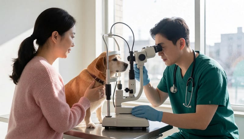 동물병원에서 안과 검진을 받는 반려견