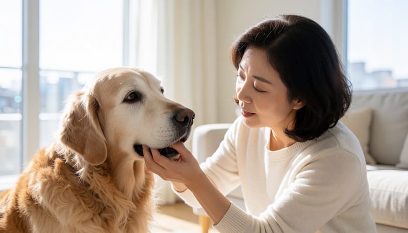 노령견의 눈을 살펴보는 보호자의 모습