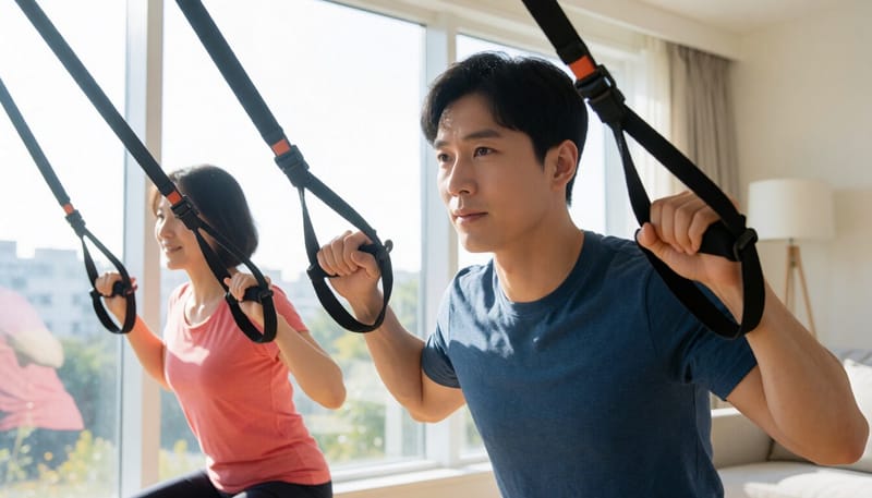 서스펜션 스트랩을 이용해 스쿼트 동작을 하는 남성