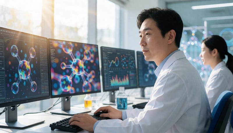 제약 연구실에서 컴퓨터 화면의 분자 구조 데이터를 살펴보는 연구원의 모습