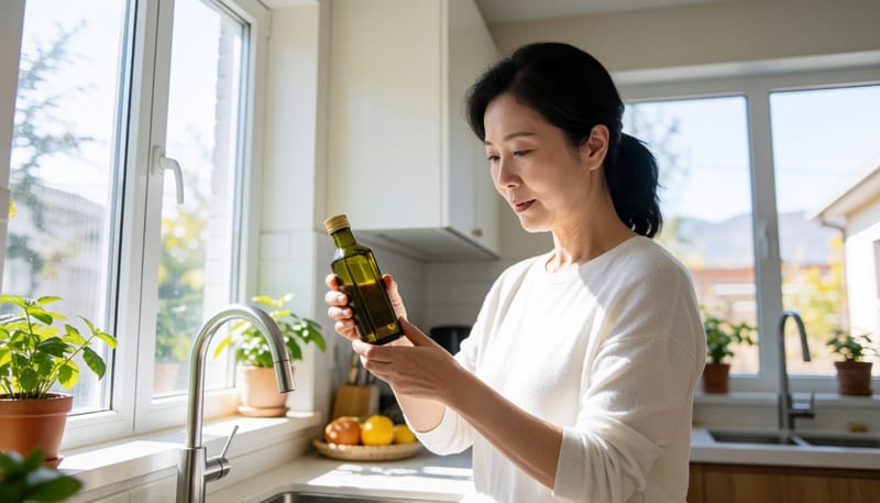 주방에서 들기름 제품 라벨을 확인하는 여성