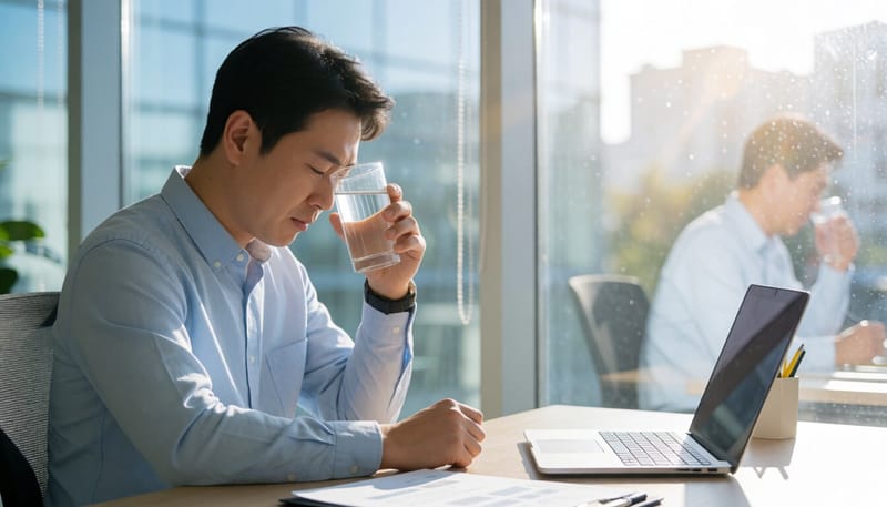 야근 중 피로한 표정으로 물을 마시는 직장인 사진