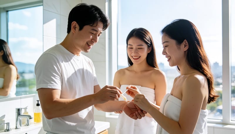 팔에 난 작은 상처에 연고를 바르는 모습