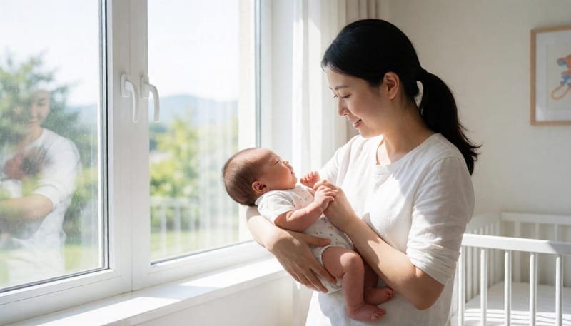 창가에서 신생아의 피부색을 살펴보는 엄마