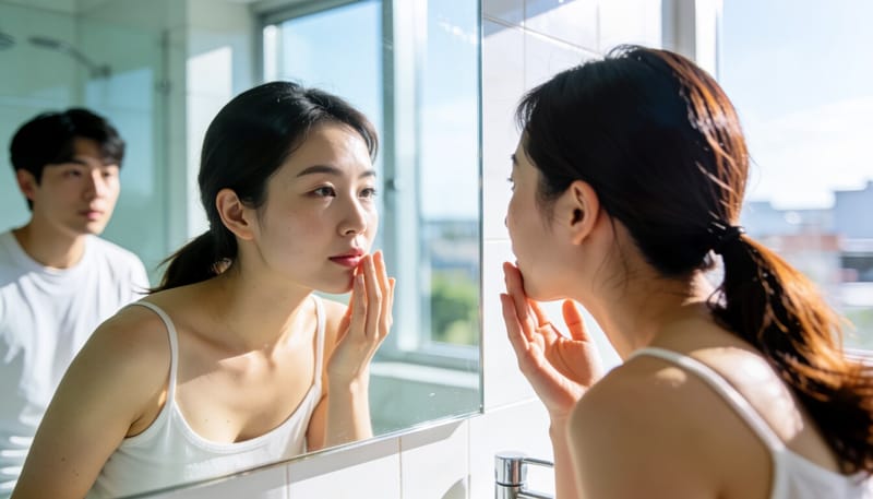 여드름과 피부 트러블을 살펴보는 여성