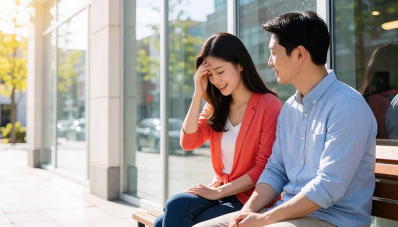 어지럼증을 느끼며 벤치에 앉아 있는 여성의 모습