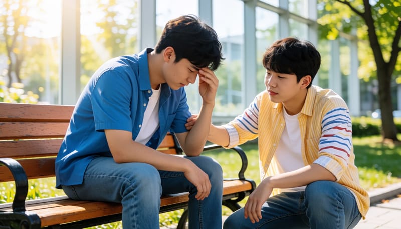 더운 날 벤치에 앉아 어지럼증을 호소하는 남성