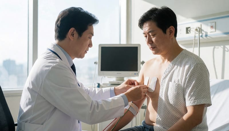 병원에서 심전도 검사를 받는 환자의 모습