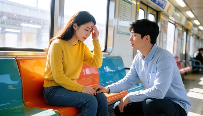 지하철역에서 어지럼증을 느끼며 주저앉은 여성