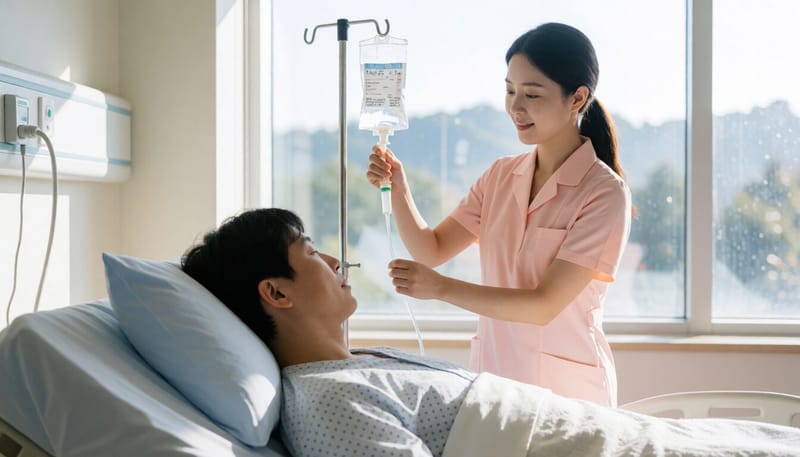 병원에서 수액 치료를 받고 있는 환자와 간호사