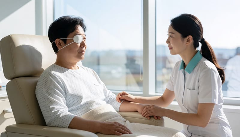 눈 수술 후 회복 중인 성인 환자