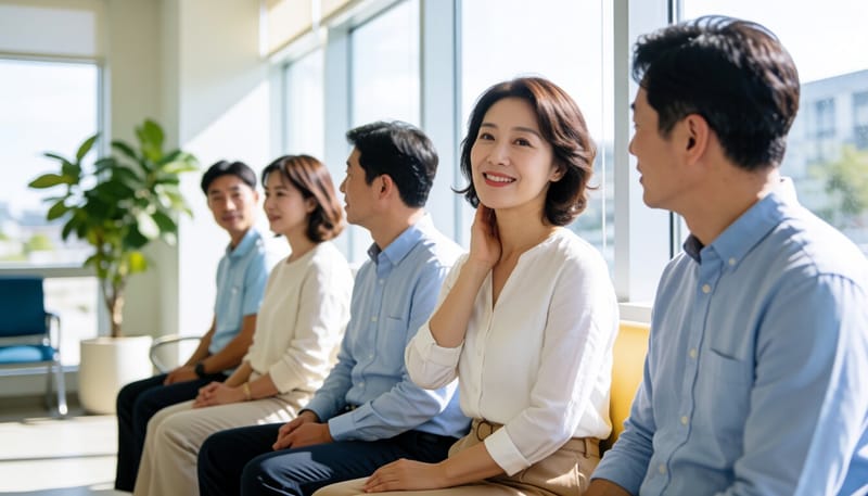 목 통증을 느끼며 목 부위를 만지는 여성