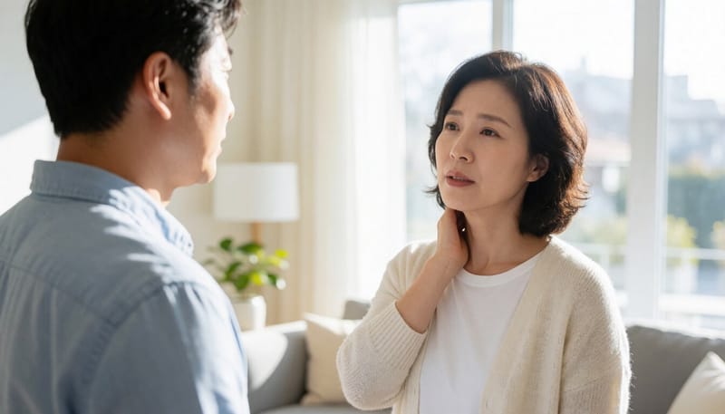 목을 만지며 이상 증상을 확인하는 여성