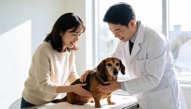 동물병원에서 반려견의 배를 촉진하는 수의사