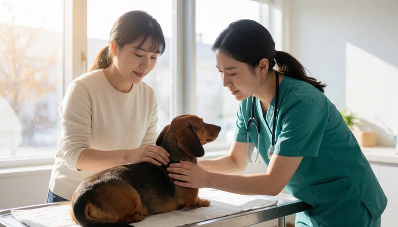 동물병원에서 수의사가 소형견의 허리를 살펴보는 모습