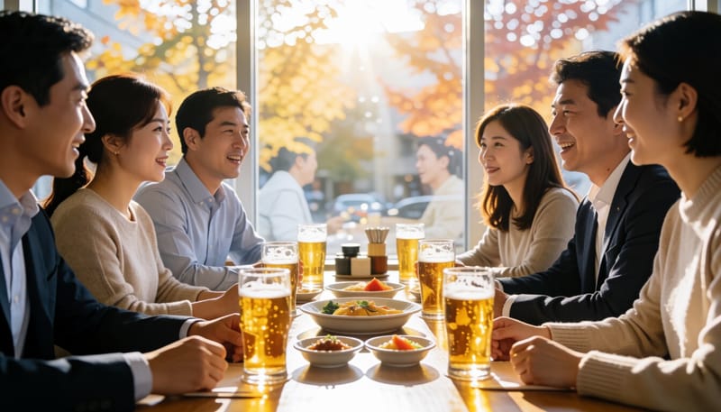가을 저녁 회식 자리에서 대화를 나누는 직장인들
